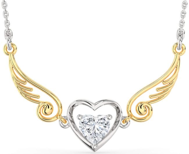 Large Diamond Gold Silver Heart Wings Necklace
