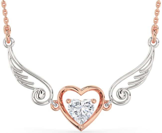 Large Diamond Platinum & Rose Gold Heart Wings Necklace