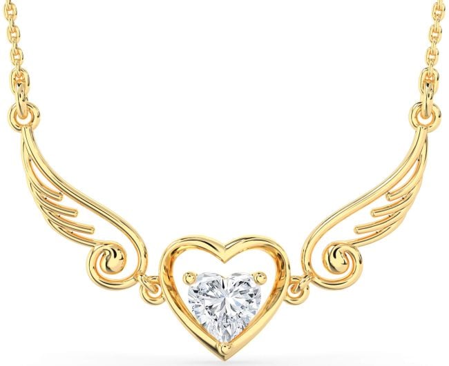 Large Diamond Gold Heart Wings Necklace