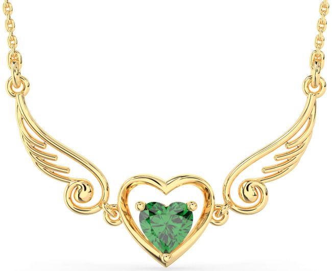 Large Emerald Gold Heart Wings Necklace