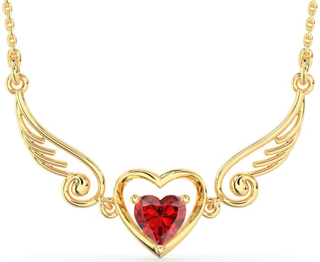 Large Ruby Gold Silver Heart Wings Necklace