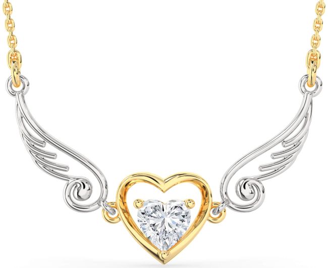 Large Diamond White Yellow Gold Heart Wings Necklace