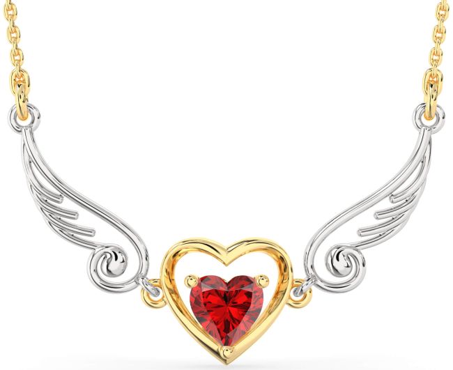 Large Ruby Gold Silver Heart Wings Necklace