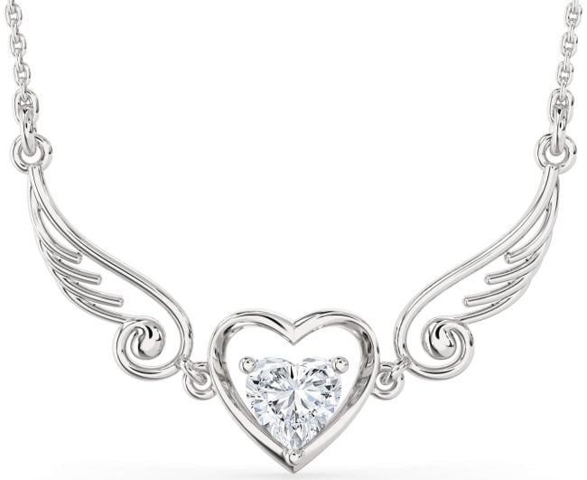 Large Diamond White Gold Heart Wings Necklace