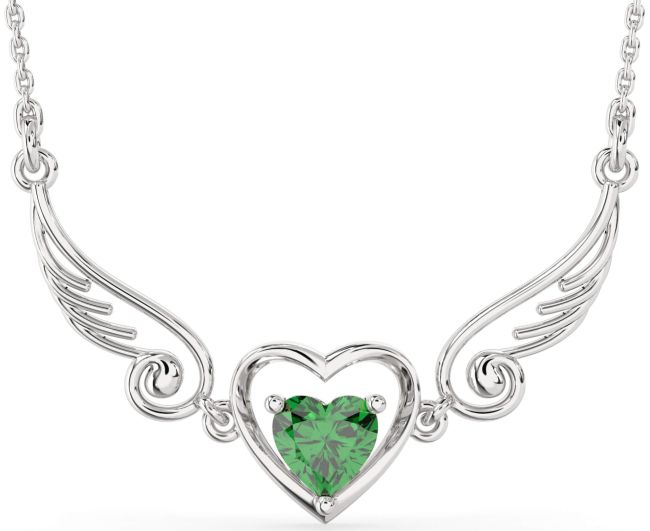 Large Emerald Silver Heart Wings Necklace