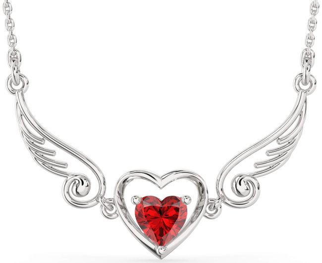Large Ruby Silver Heart Wings Necklace