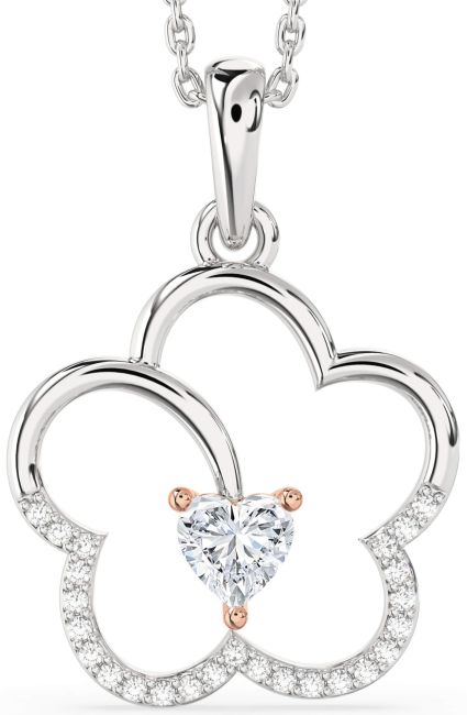 Diamond White Rose Gold Heart Flower Necklace