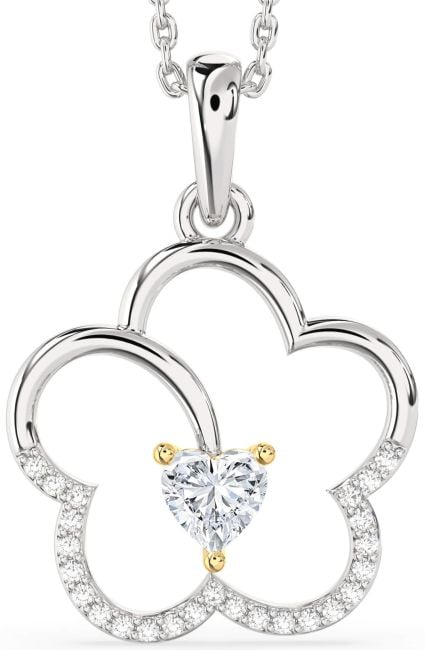 Diamond White Yellow Gold Heart Flower Necklace