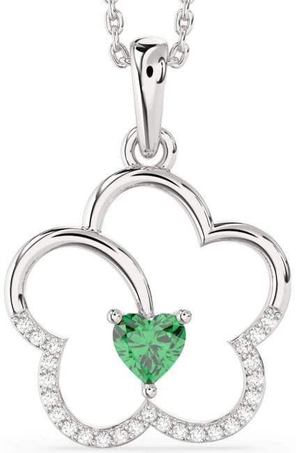 Diamond Emerald Silver Heart Flower Necklace