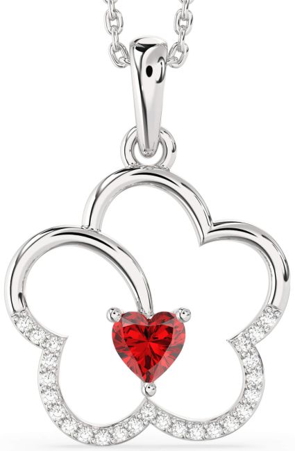 Diamond Ruby Silver Heart Flower Necklace