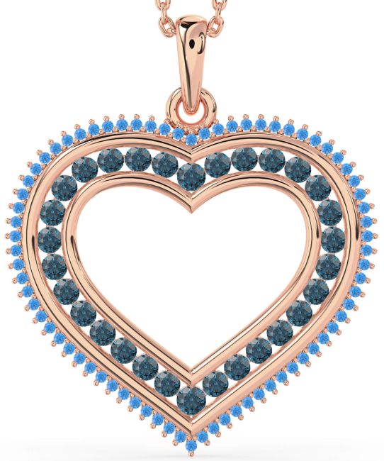 Large London Blue Topaz & Swiss Blue Topaz Rose Gold Heart Necklace