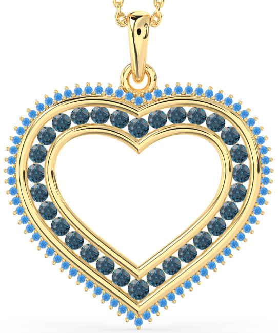 Large London Blue Topaz & Swiss Blue Topaz Gold Silver Heart Necklace