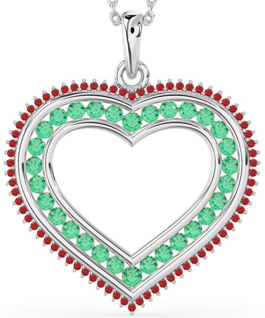 Large Emerald & Ruby Silver Heart Necklace