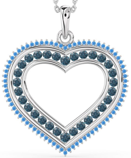 Large London Blue Topaz & Swiss Blue Topaz Platinum Heart Necklace