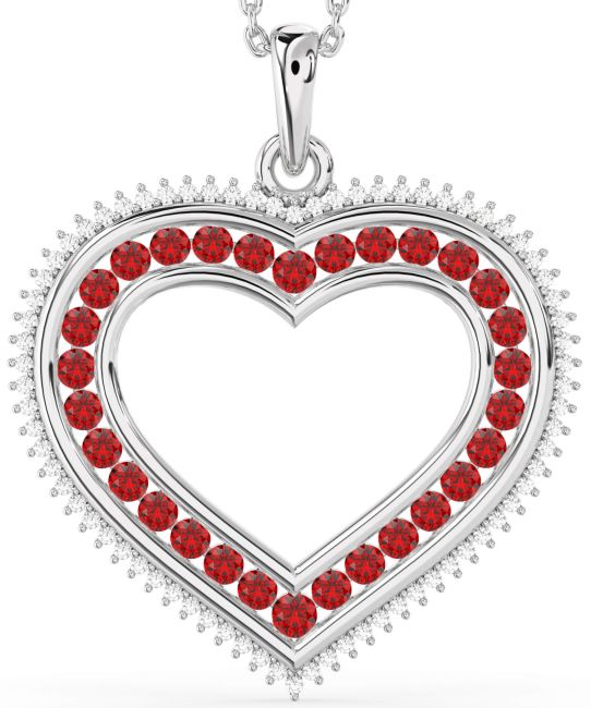 Large Diamond & Ruby Platinum Heart Necklace