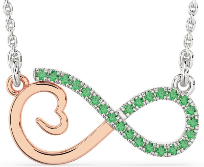 Large Emerald Rose Gold Silver Infinity Heart Necklace