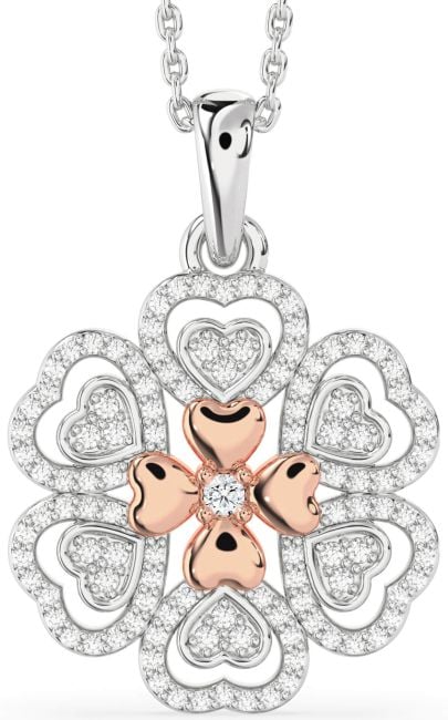 Diamond White Rose Gold Heart Flower Necklace