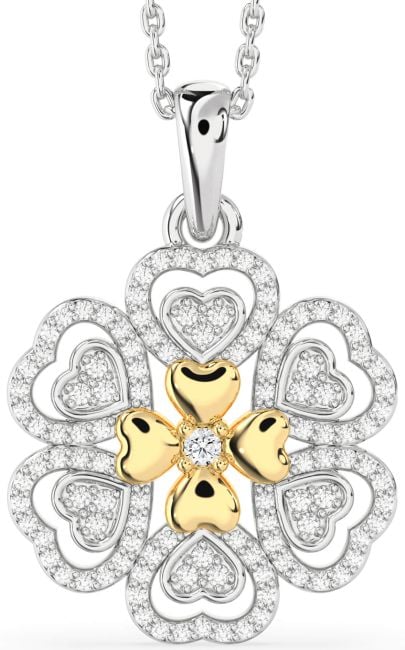 Diamond Silver & 10K gold Heart Flower Necklace