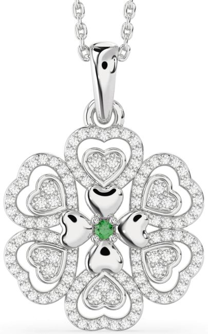 Diamond Emerald Silver Heart Flower Necklace