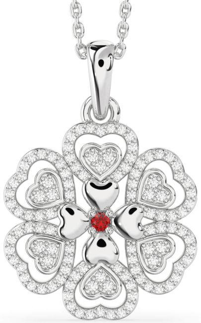 Diamond Ruby Silver Heart Flower Necklace