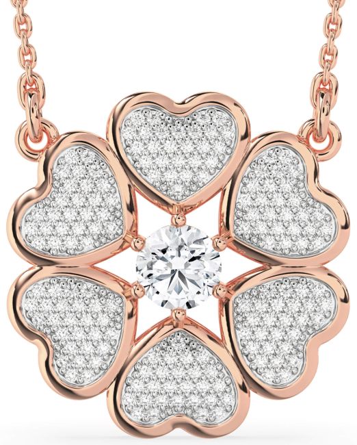 Diamond Rose Gold Silver Heart Flower Necklace