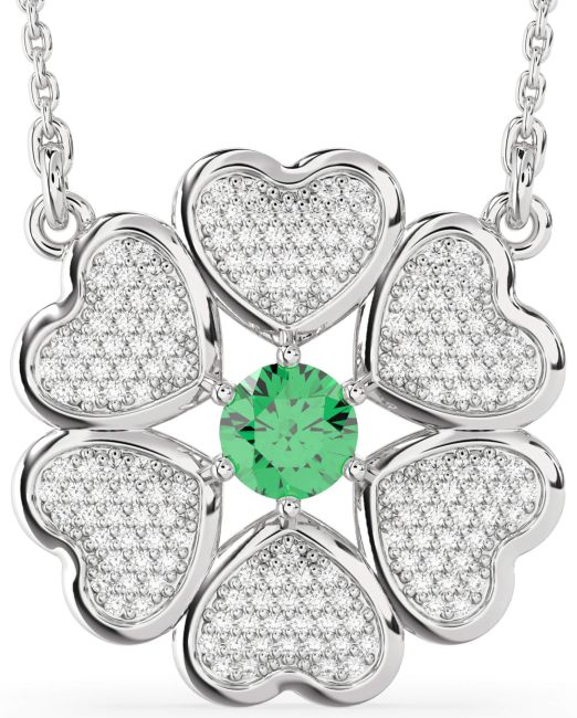 Diamond Emerald Silver Heart Flower Necklace