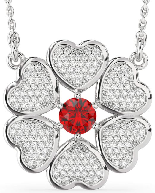 Diamond Ruby Silver Heart Flower Necklace