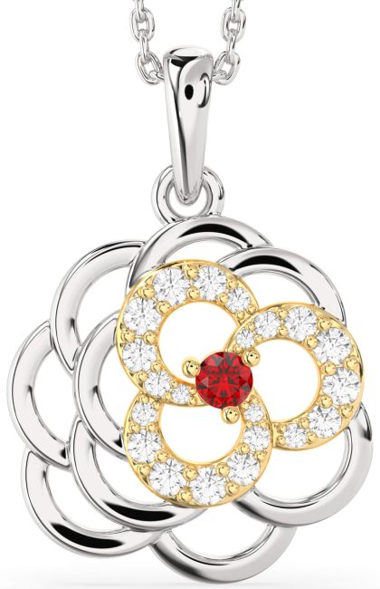 Diamond Ruby Gold Silver Flower Necklace