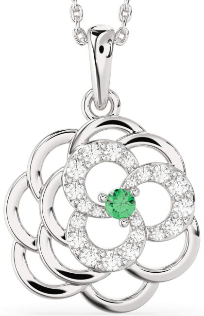 Diamond Emerald Silver Flower Necklace