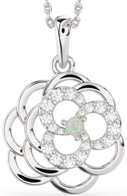 Diamond Opal Silver Flower Necklace