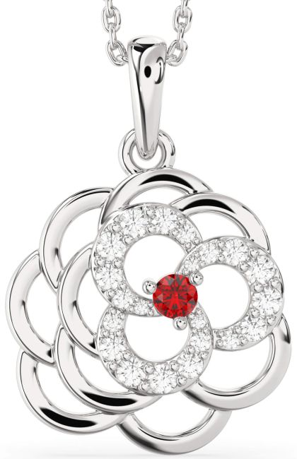 Diamond Ruby Silver Flower Necklace