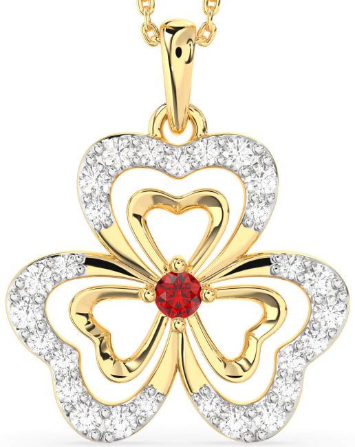 Large Diamond Ruby Gold Silver Shamrock Necklace