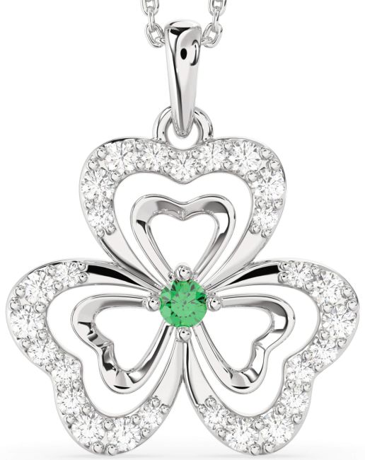Large Diamond Emerald Silver Shamrock Necklace