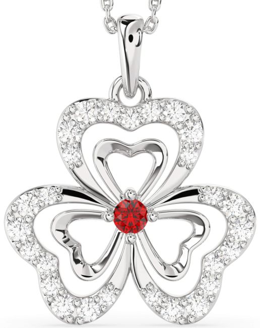Large Diamond Ruby Silver Shamrock Necklace