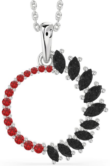 Black Diamond & Ruby Silver Circle Necklace