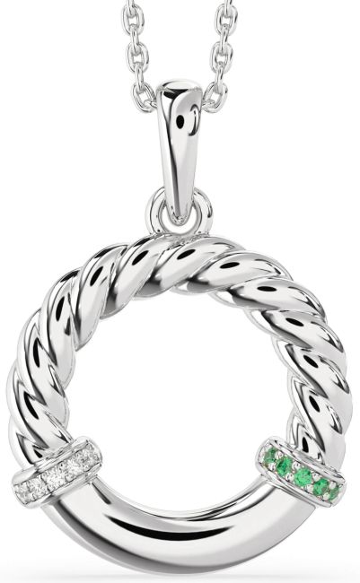 Emerald & Diamond Silver Circle Knot Necklace