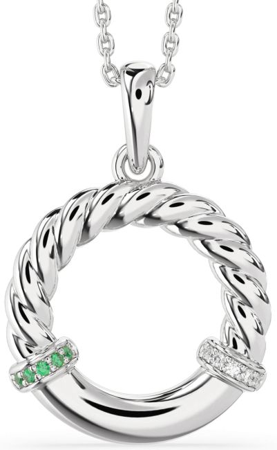 Diamond & Emerald Silver Circle Knot Necklace