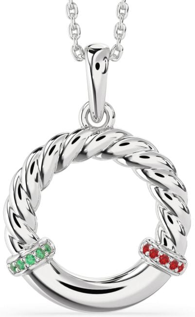 Emerald & Ruby Silver Circle Knot Necklace