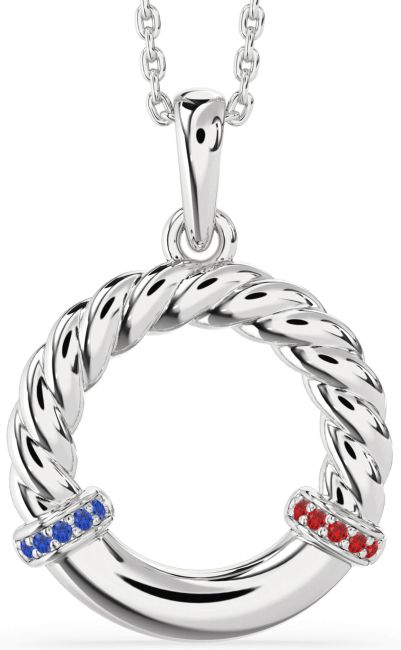 Blue Sapphire & Ruby Silver Circle Knot Necklace