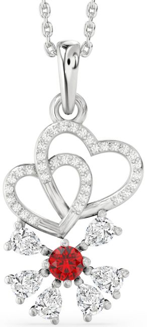 Diamond Ruby Silver Heart Snowflake Necklace