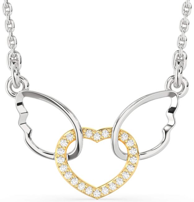 Diamond Gold Silver Heart Wings Interlock Necklace