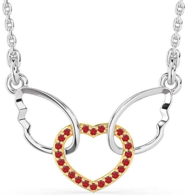 Ruby Gold Silver Heart Wings Interlock Necklace