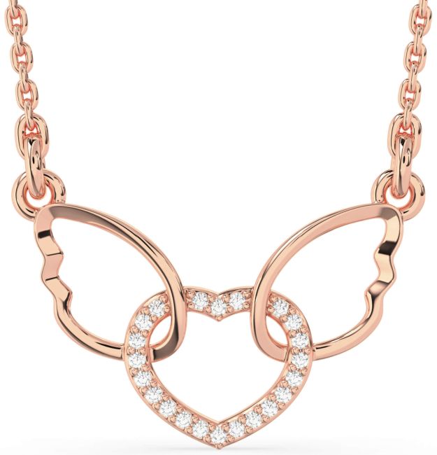 Diamond Rose Gold Silver Heart Wings Interlock Necklace