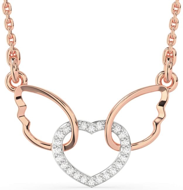 Diamond White Rose Gold Heart Wings Interlock Necklace