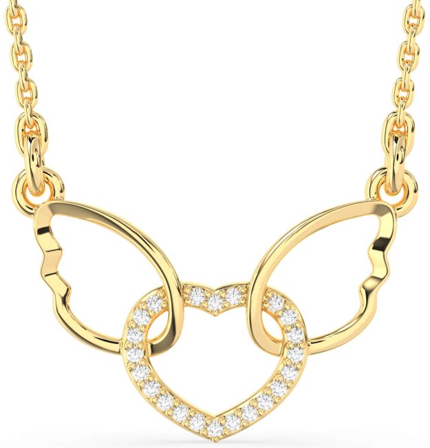 Diamond Gold Silver Heart Wings Interlock Necklace