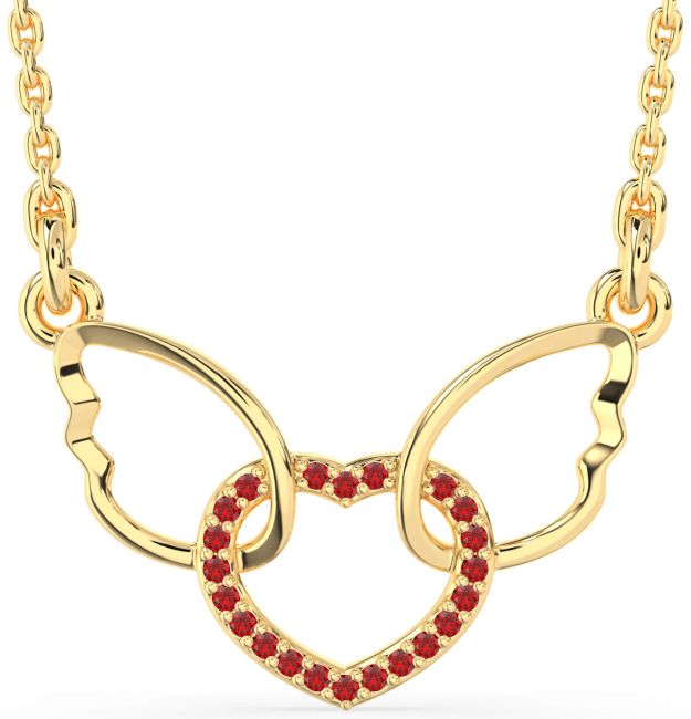 Ruby Gold Heart Wings Interlock Necklace
