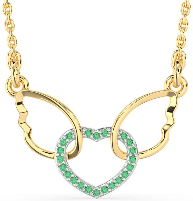 Emerald Gold Silver Heart Wings Interlock Necklace