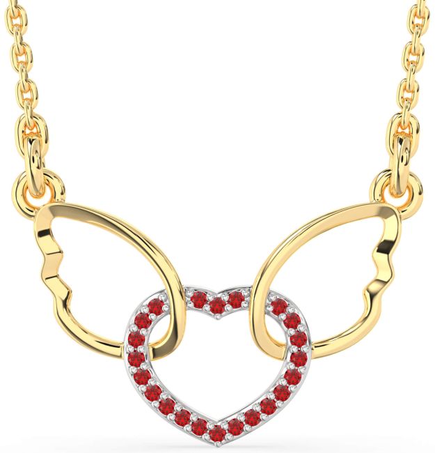 Ruby Gold Silver Heart Wings Interlock Necklace
