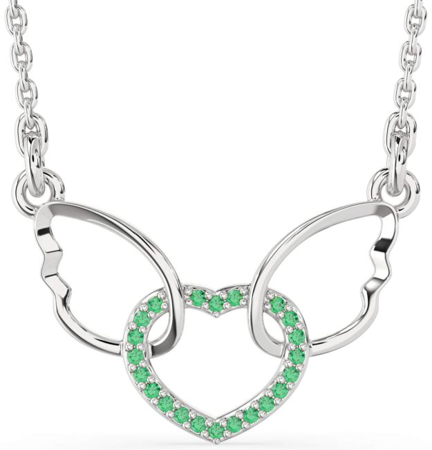Emerald Silver Heart Wings Interlock Necklace