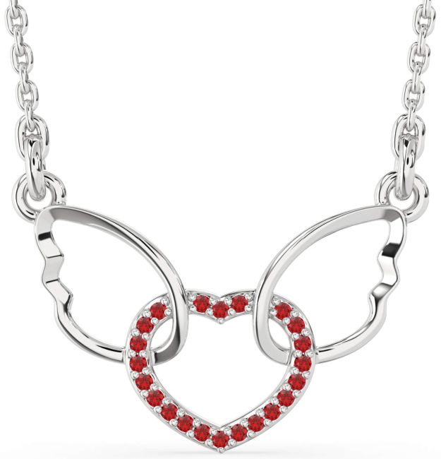 Ruby Silver Heart Wings Interlock Necklace